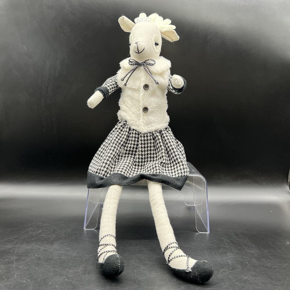 Christmas Deer Ballerina Shelf Sitter White Black Dress Furry Vest 23"